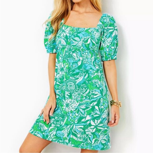 Lily Pulitzer Delaney Green Floral Print Babydoll Square Neck Dress 12 - Picture 1 of 10